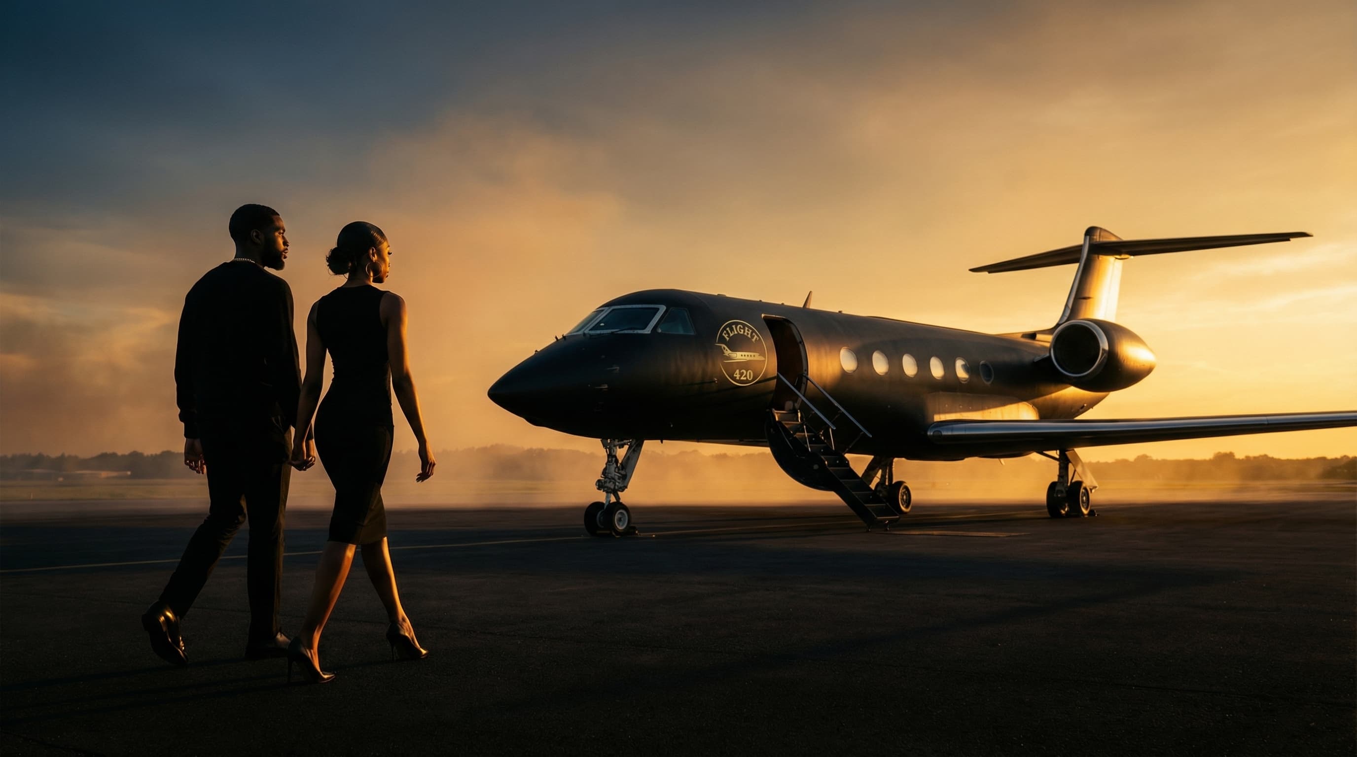 Kasius and Nova boarding a private jet at golden hour