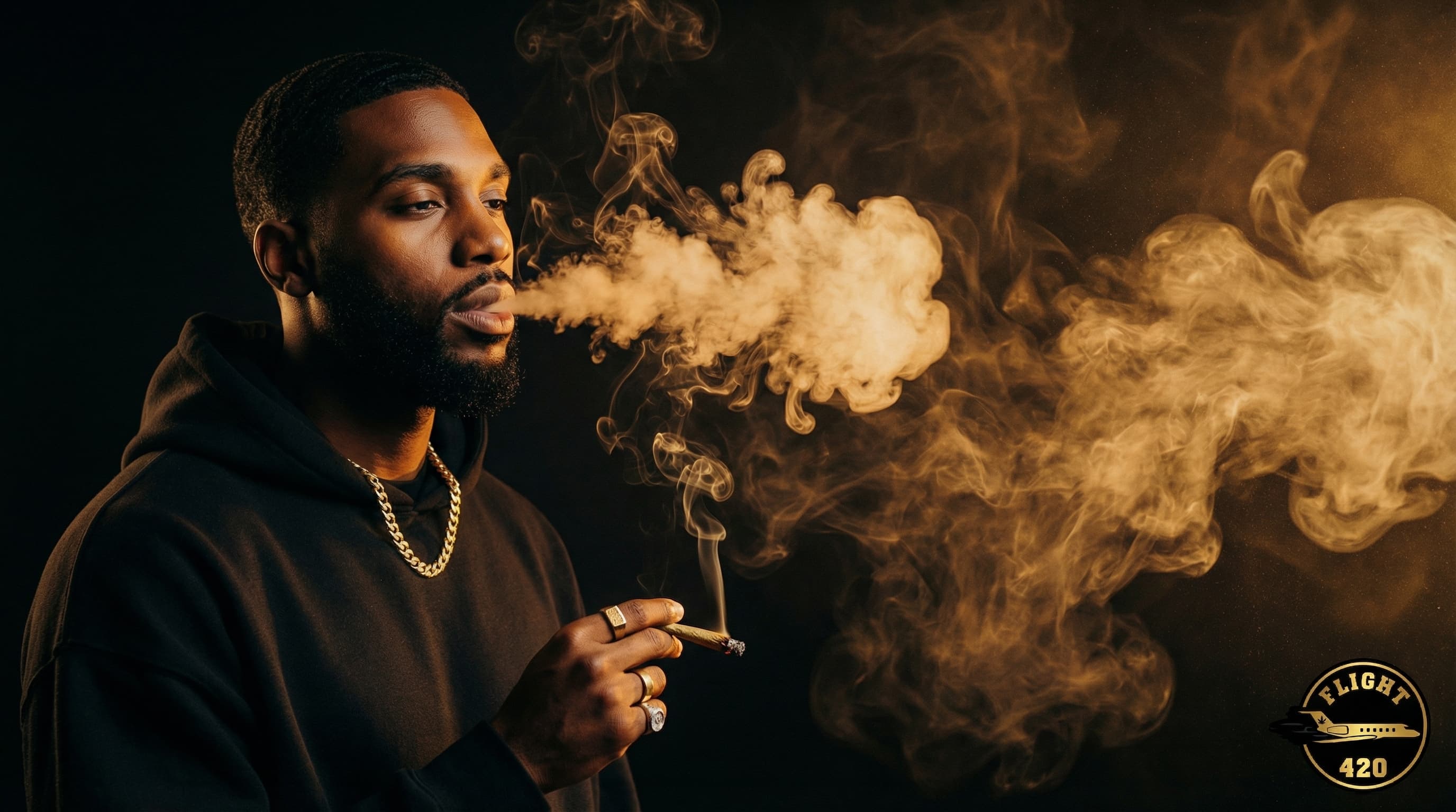 The Captain exhaling cannabis smoke